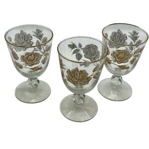 1963 Libbey 3 Rose Bouquet Water/Wine Goblets White Gold Roses Gold Rim  8 fl oz